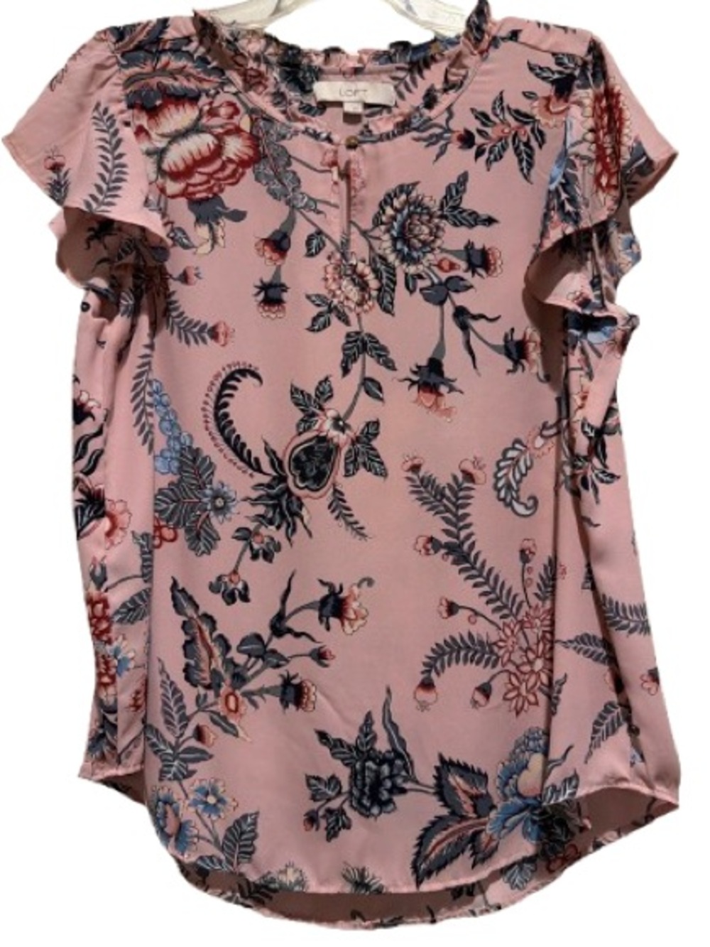 LOFT Dusty Pink Floral Ruffle-Sleeve Blouse L